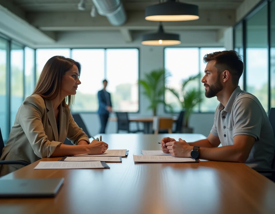 Employeur et apprenti discutant de la rupture du contrat d'apprentissage autour d'un formulaire officiel