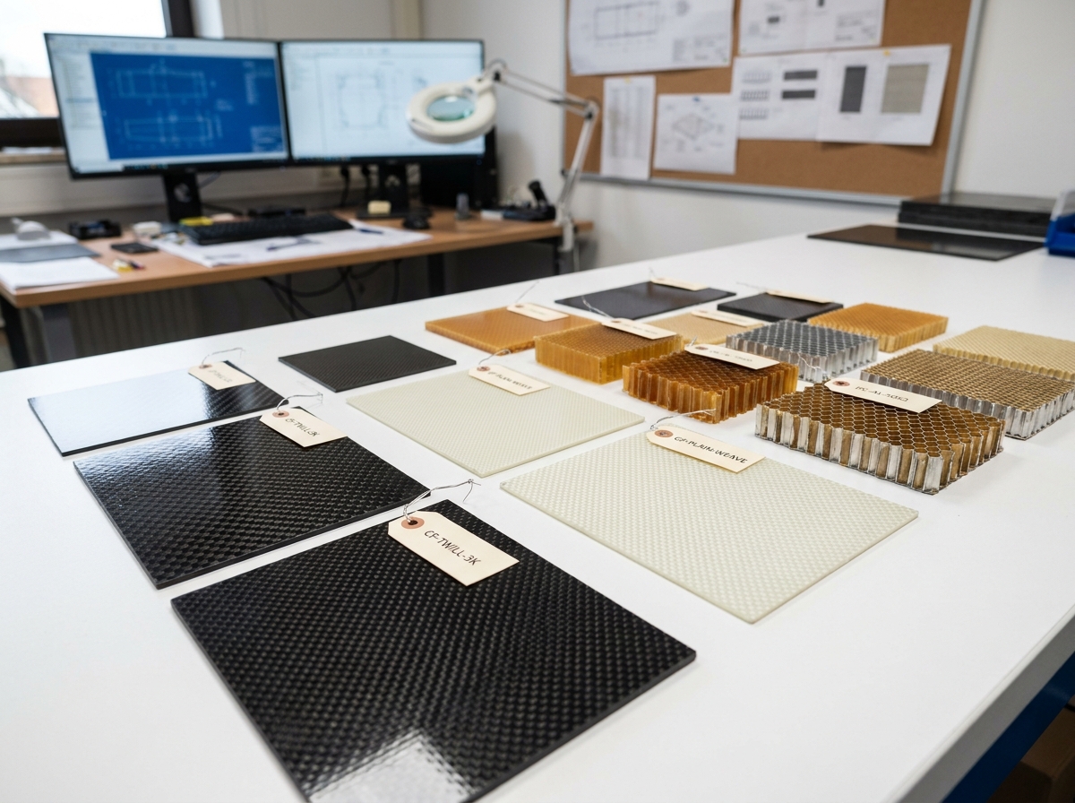 Échantillons de matériaux composites variés dont fibre de carbone et fibre de verre disposés sur un établi professionnel