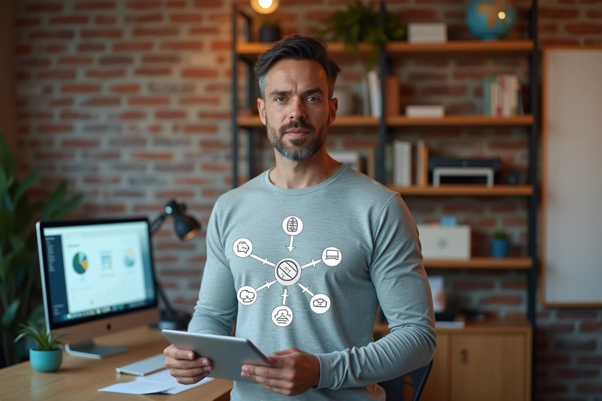 Homme debout dans un bureau à domicile tenant une tablette avec un diagramme de connexion entre outils digitaux