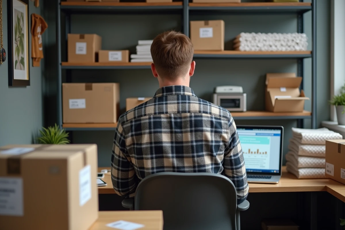 Homme travaillant comme emballeur à domicile dans un bureau domestique équipé d'une imprimante d'étiquettes et de fournitures d'emballage