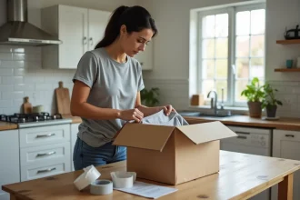 Femme emballeuse à domicile préparant un colis sur sa table de cuisine avec du papier de soie et du ruban adhésif