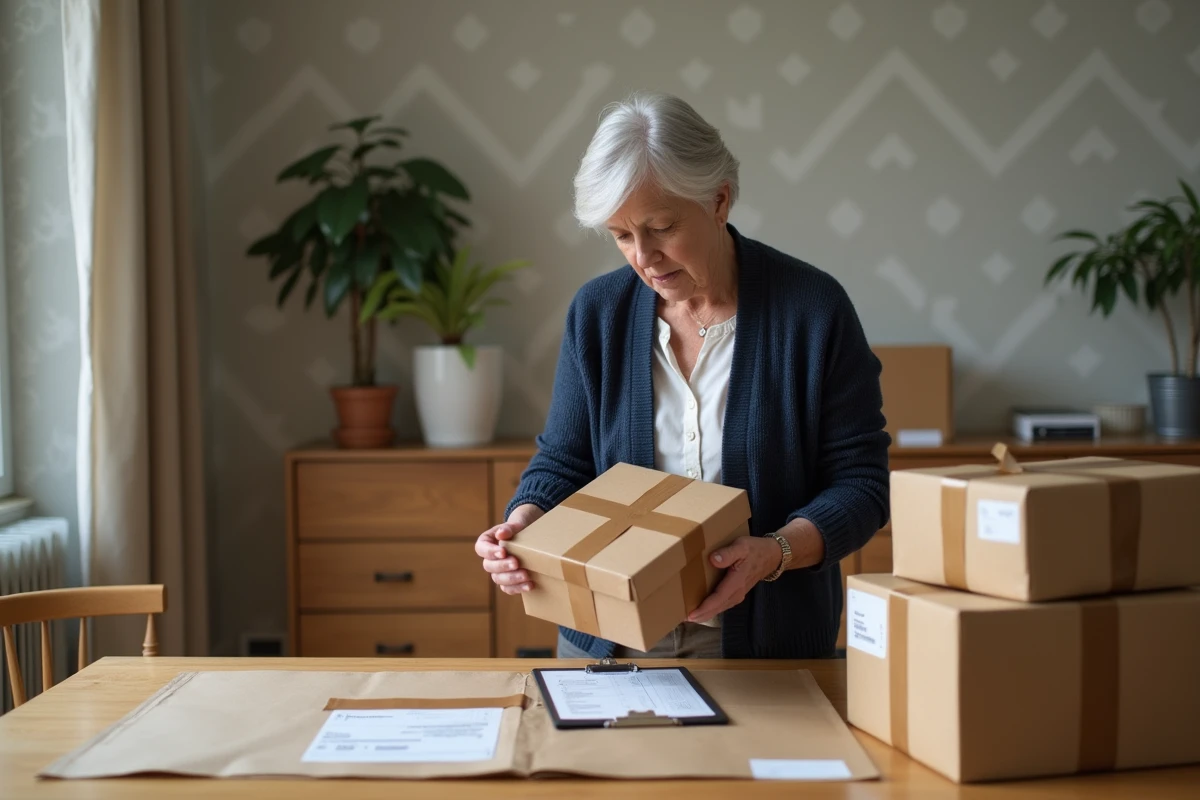 Femme mature emballeuse à domicile vérifiant une liste de colis préparés sur une table de salle à manger