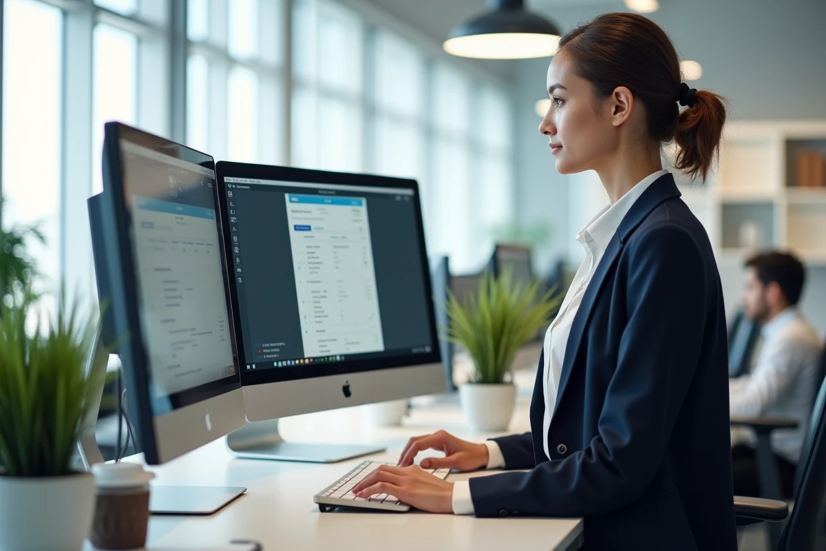Employée administrative Air France accédant à ses fiches de paie et plannings sur l'intranet depuis un poste de travail double écran