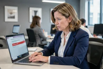 Femme employée de bureau inspectant une URL suspecte sur son ordinateur portable pour éviter une arnaque de faux site de connexion