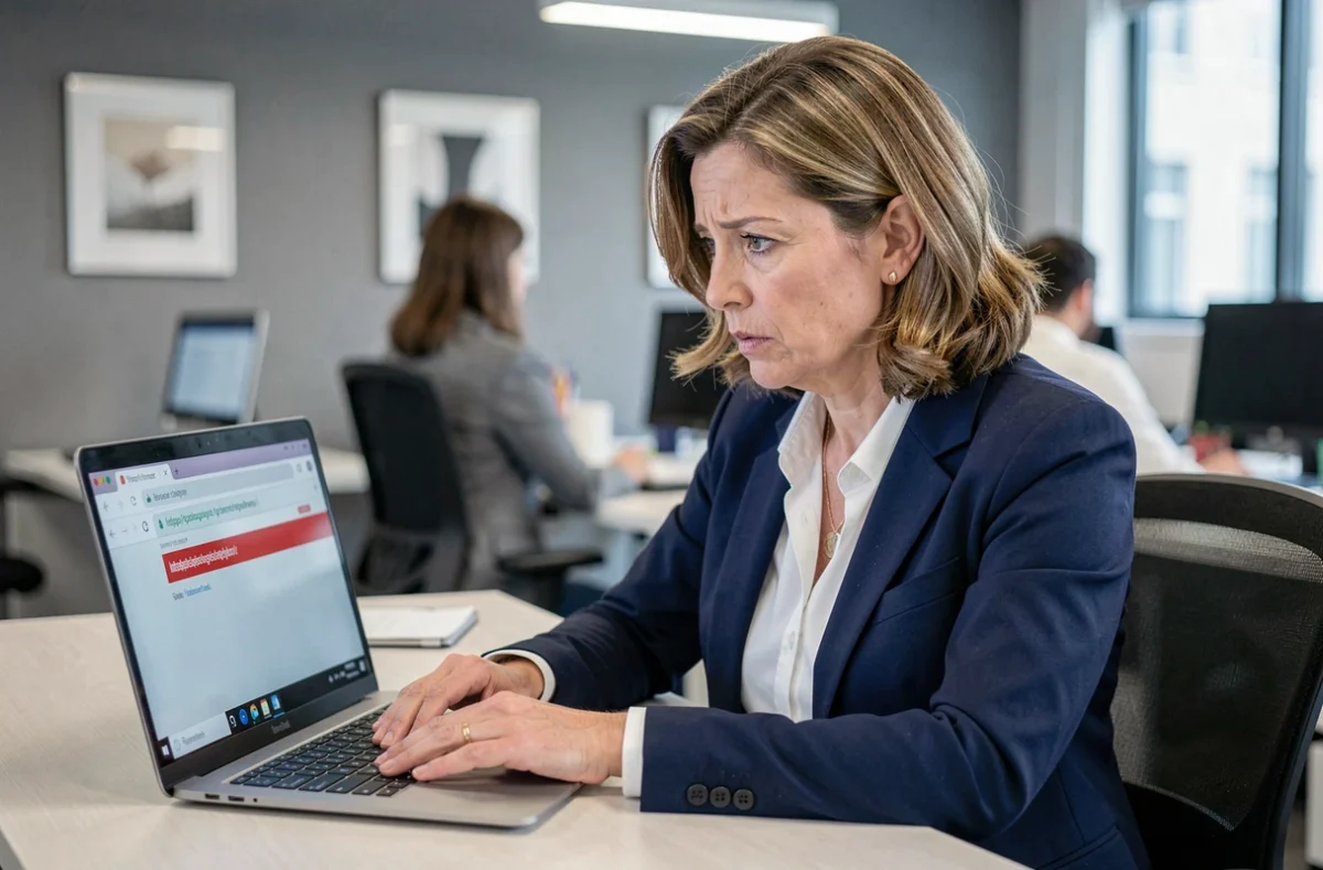 Femme employée de bureau inspectant une URL suspecte sur son ordinateur portable pour éviter une arnaque de faux site de connexion