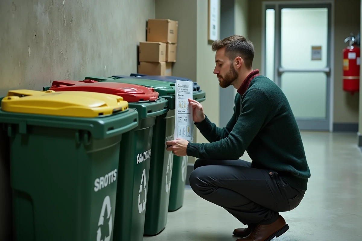 Employé d'une PME mettant en place un système de tri des déchets dans le cadre d'une démarche RSE