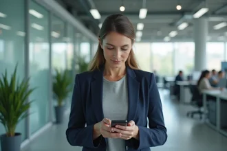 Employée de la région accédant à l'intranet mobile dans un couloir de bureaux modernes