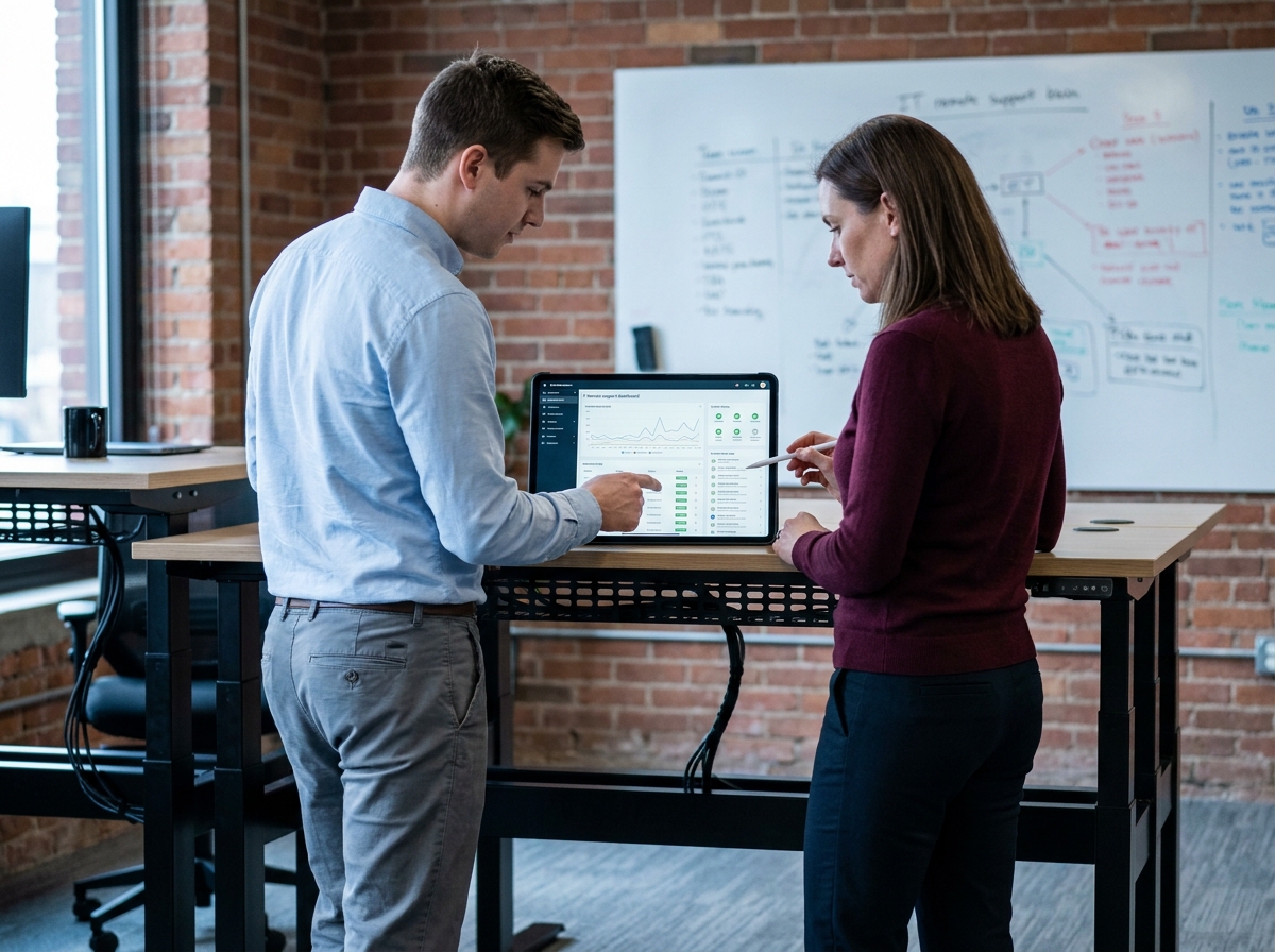 Deux employés de PME consultant un tableau de bord de support informatique à distance sur une tablette en espace de coworking