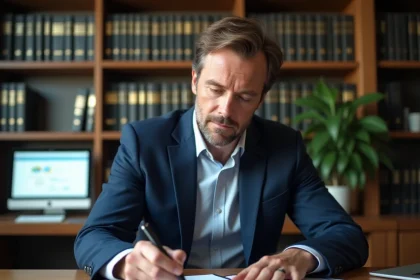 Employeur signant un formulaire de rupture de contrat d'apprentissage dans un bureau professionnel