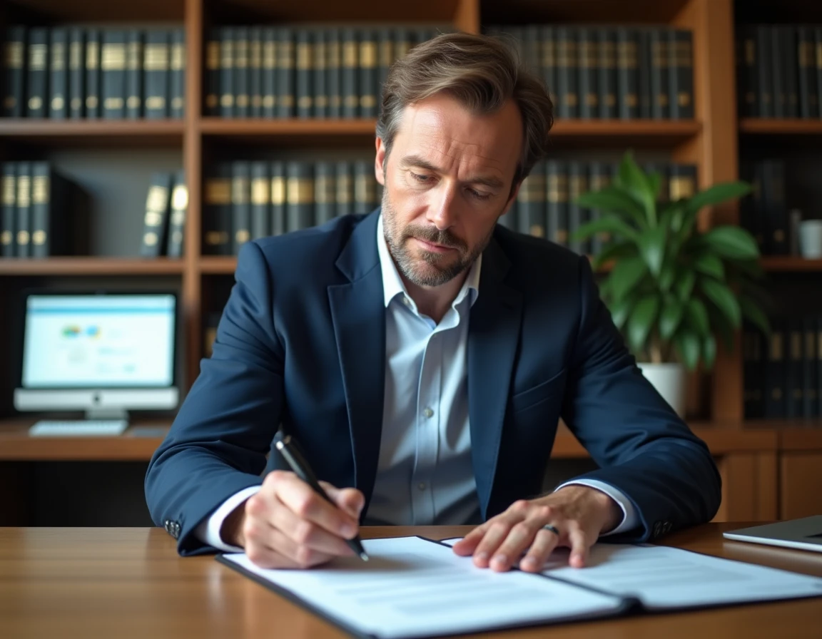 Employeur signant un formulaire de rupture de contrat d'apprentissage dans un bureau professionnel