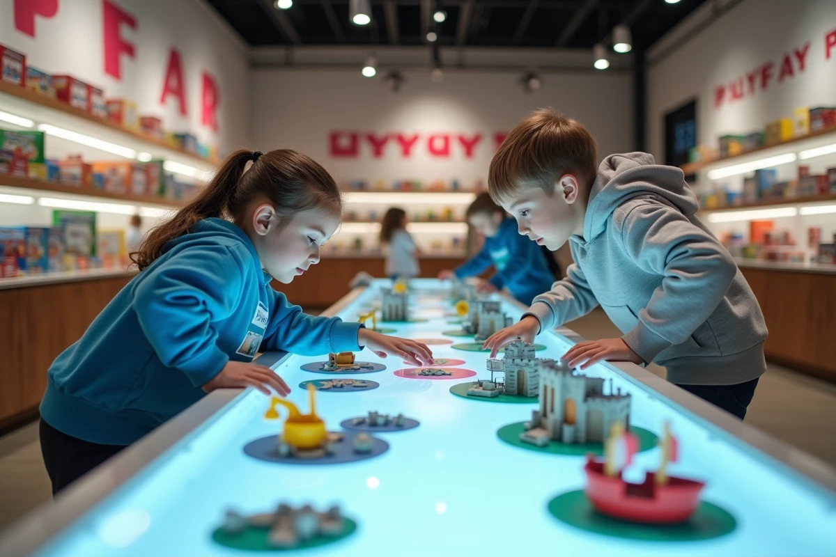 Enfants explorant les dioramas Playmobil interactifs à l'intérieur de l'usine de visite