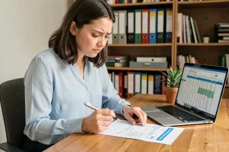 Jeune enseignante débutante analysant sa fiche de paie de l'Éducation Nationale à son bureau à domicile