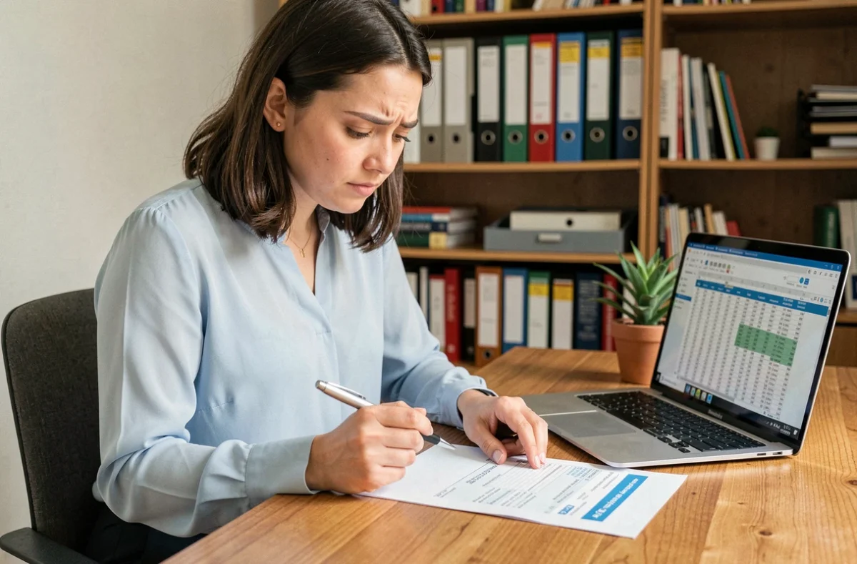Jeune enseignante débutante analysant sa fiche de paie de l'Éducation Nationale à son bureau à domicile