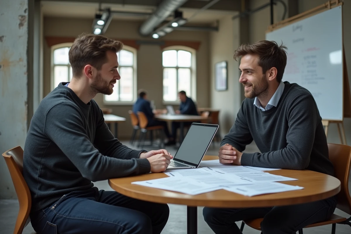 Jeune entrepreneur discutant de documents Kbis avec un conseiller dans un espace de coworking moderne