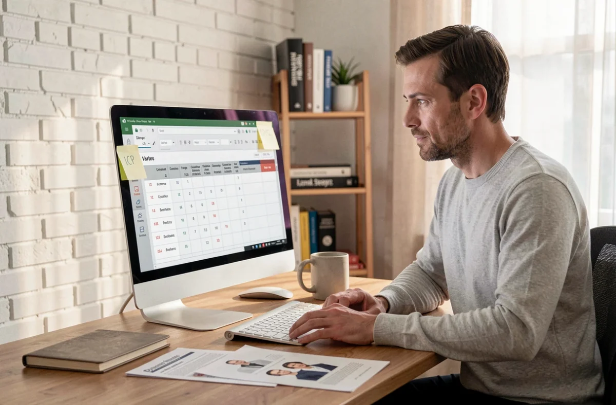 Entrepreneur en home office travaillant sur la définition de son ICP marketing avec des données clients sur écran