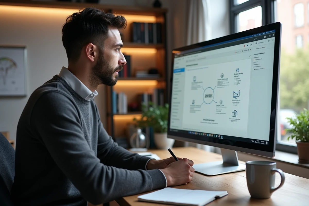 Entrepreneur explorant une plateforme de mise en relation réseau-entreprise sur ordinateur dans un bureau à domicile moderne et organisé