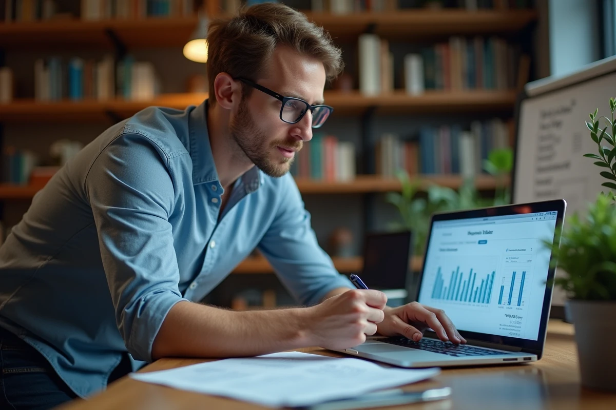 Entrepreneur comparant les tarifs pro d'outils IA pour optimiser sa stratégie commerciale