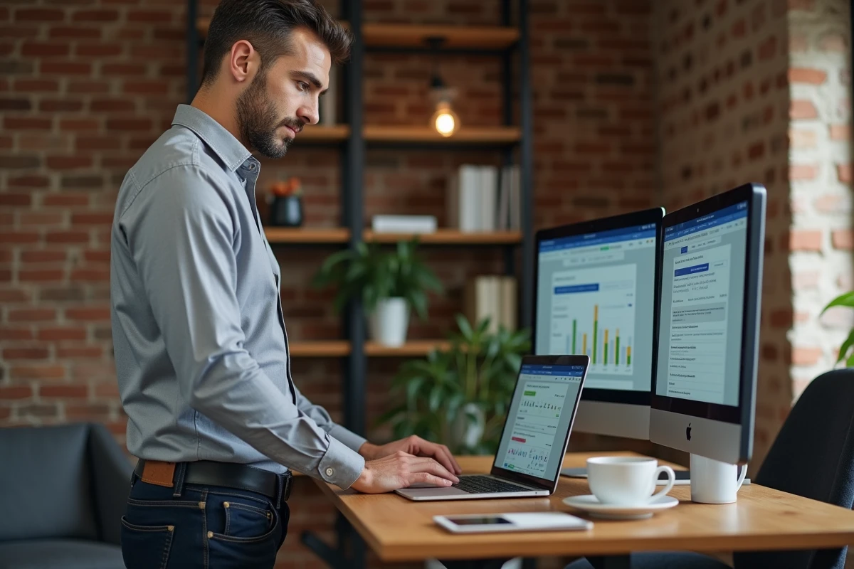 Entrepreneur en télétravail utilisant une plateforme B2B et des outils de marketing automation pour qualifier des leads et accélérer ses ventes