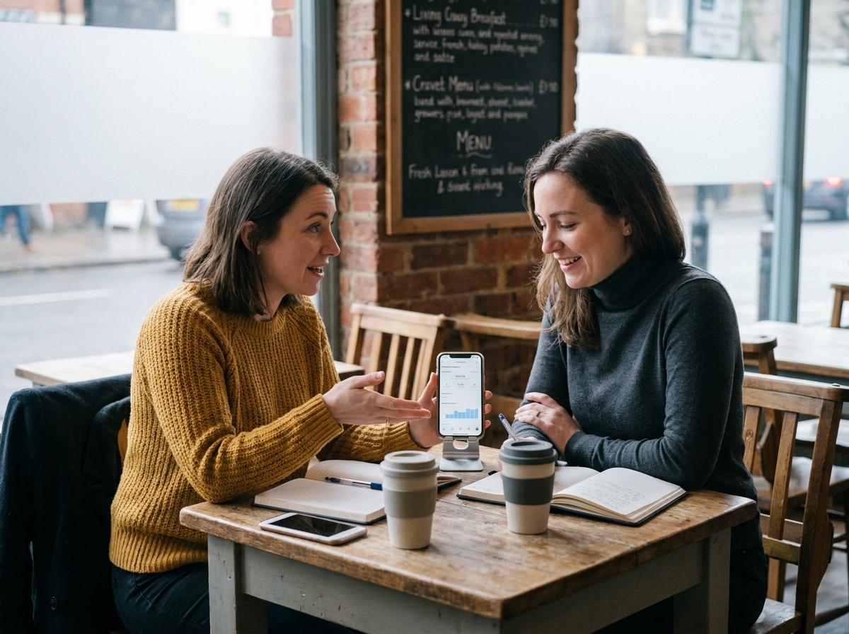 Deux entrepreneures analysant leur stratégie de visibilité en ligne sur les réseaux sociaux dans un café