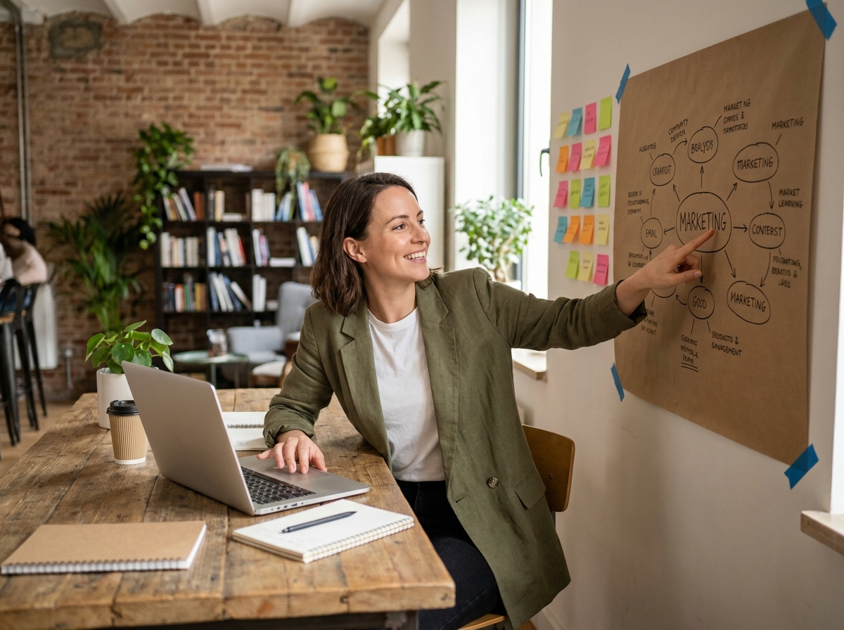 Entrepreneuse travaillant sur une stratégie de communication à petit budget dans un espace de coworking chaleureux