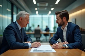 Entretien RH entre un responsable et un employé autour d'un document de licenciement pour faute grave posé sur un bureau en bois