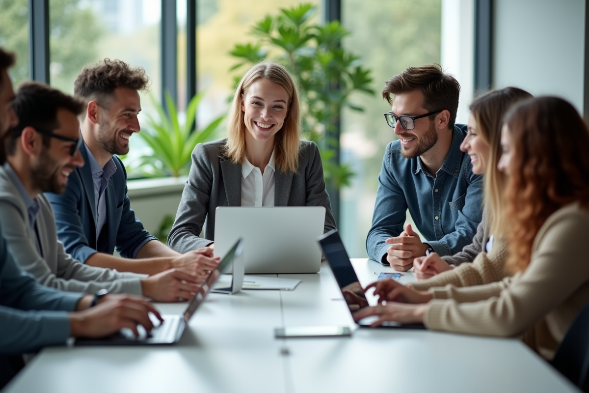 Groupe de collaborateurs en réunion dans un bureau moderne