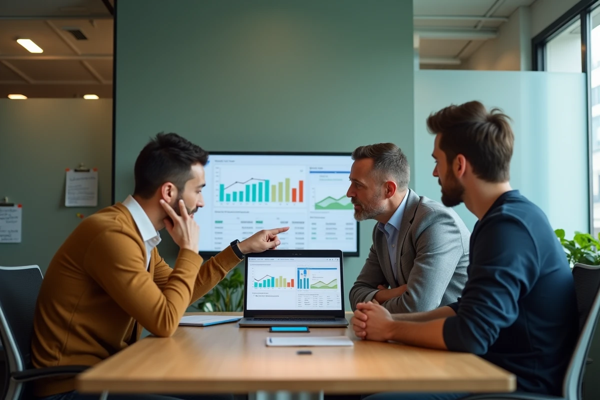 Équipe commerciale analysant ensemble les rapports de performance terrain sur un ordinateur portable en salle de réunion