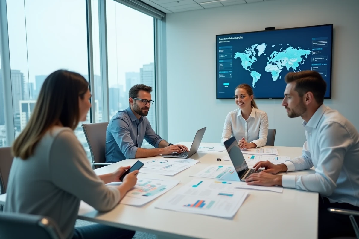 Équipe de professionnels en salle de réunion discutant de l'intégration de leur écosystème d'outils digitaux