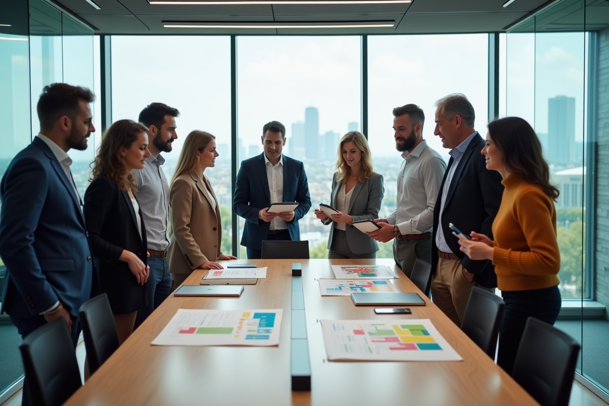 Groupe diversifié en réunion de projet en bureau moderne