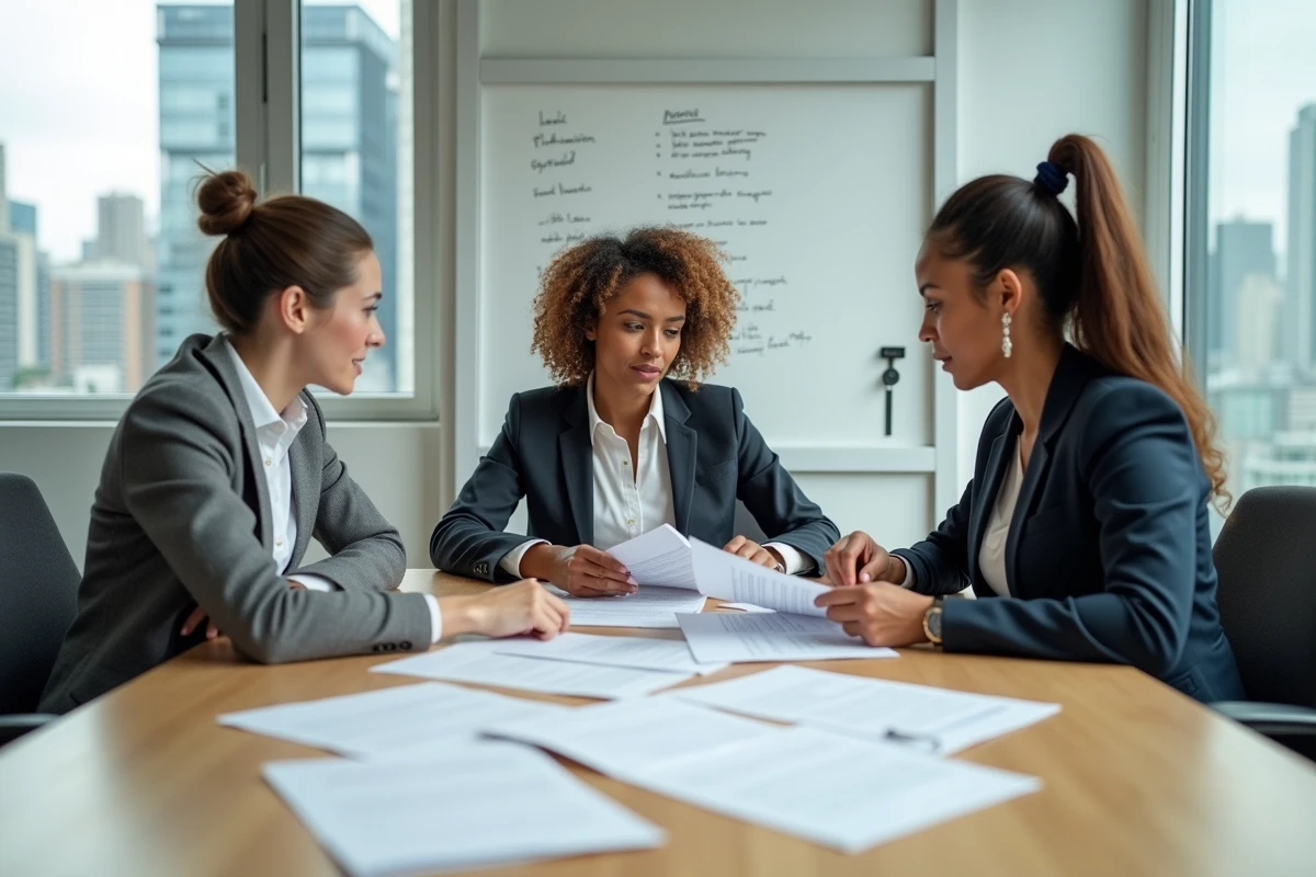 Équipe de trois professionnels en réunion analysant des exemples de notes de service posés sur une table de conférence