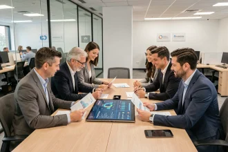 Équipe professionnelle réunie autour d'une table de conférence pour analyser des synergies commerciales après une fusion de groupes d'entreprises