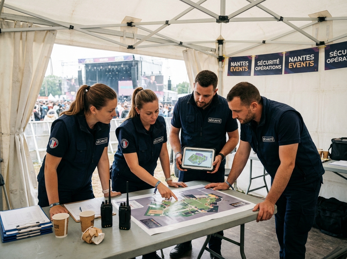 Équipe de sécurité événementielle en réunion de coordination dans une tente opérationnelle lors d'un événement à Nantes