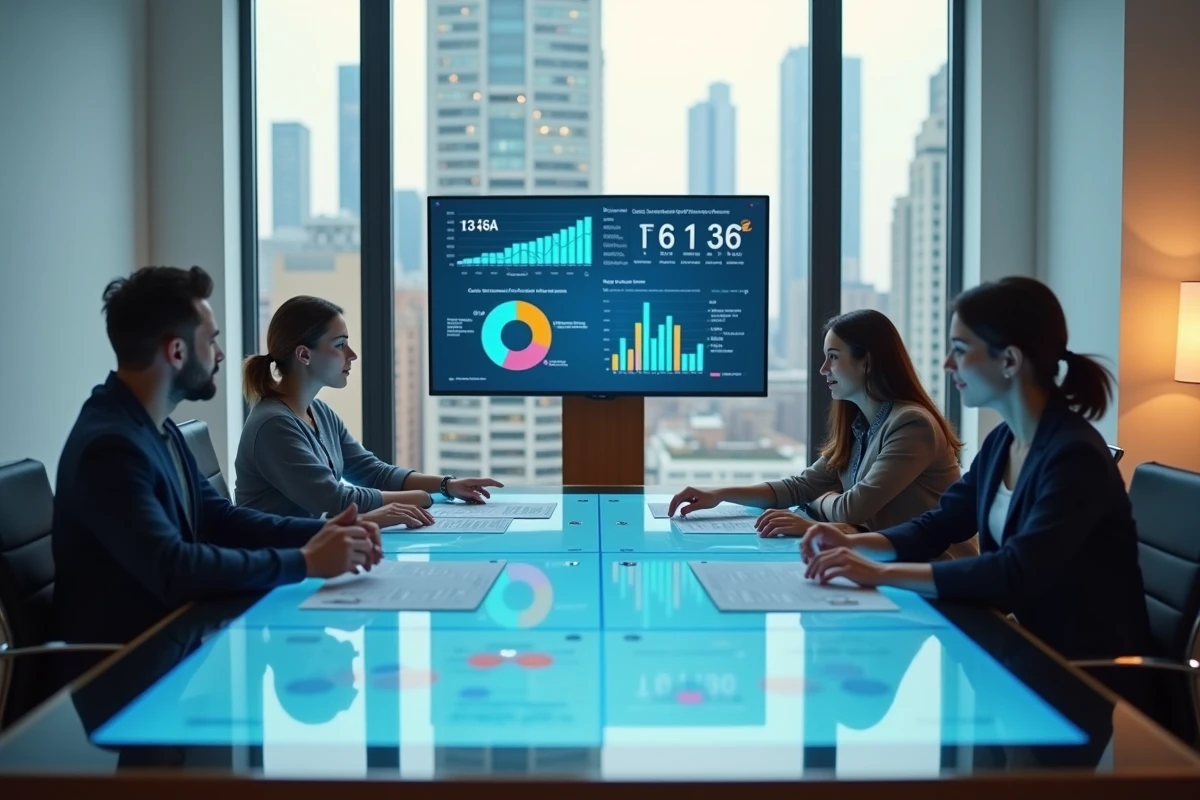 Équipe de service client analysant des données de satisfaction sur un écran interactif en salle de réunion