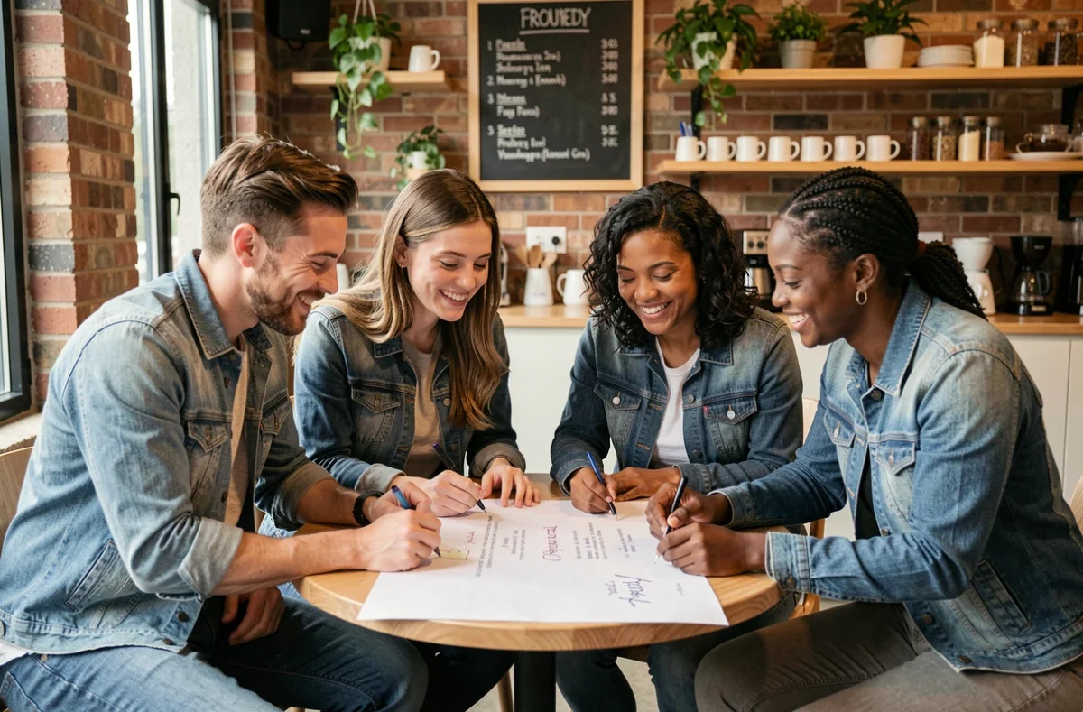 Équipe de collègues signant une carte d'adieu ensemble dans la salle de pause d'un bureau convivial