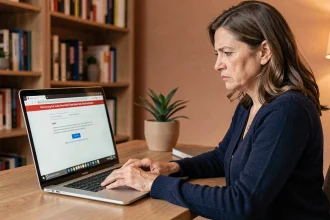 Femme frustrée face à une erreur de connexion sur un portail en ligne depuis son bureau à domicile