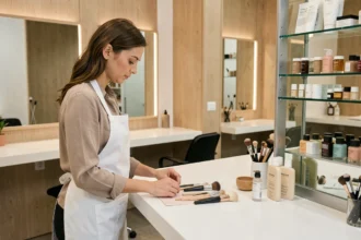Esthéticienne professionnelle arrangeant ses outils dans un espace de coworking beauté moderne et minimaliste