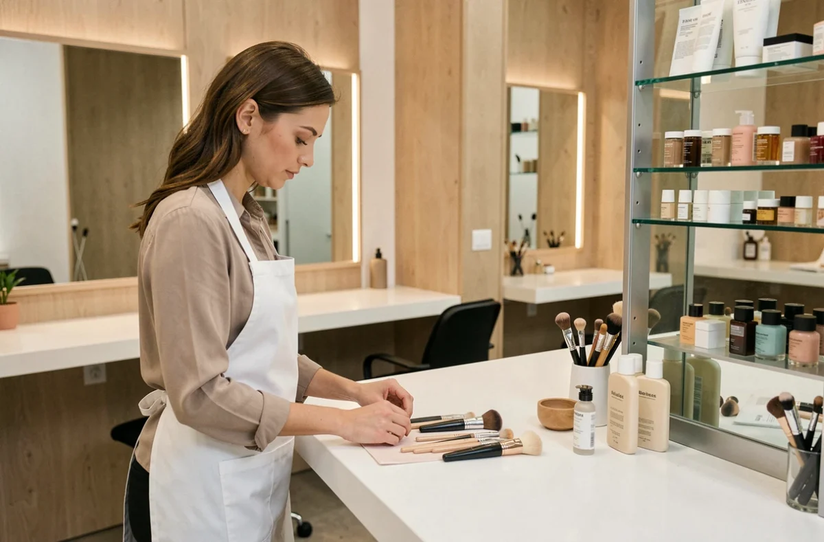 Esthéticienne professionnelle arrangeant ses outils dans un espace de coworking beauté moderne et minimaliste
