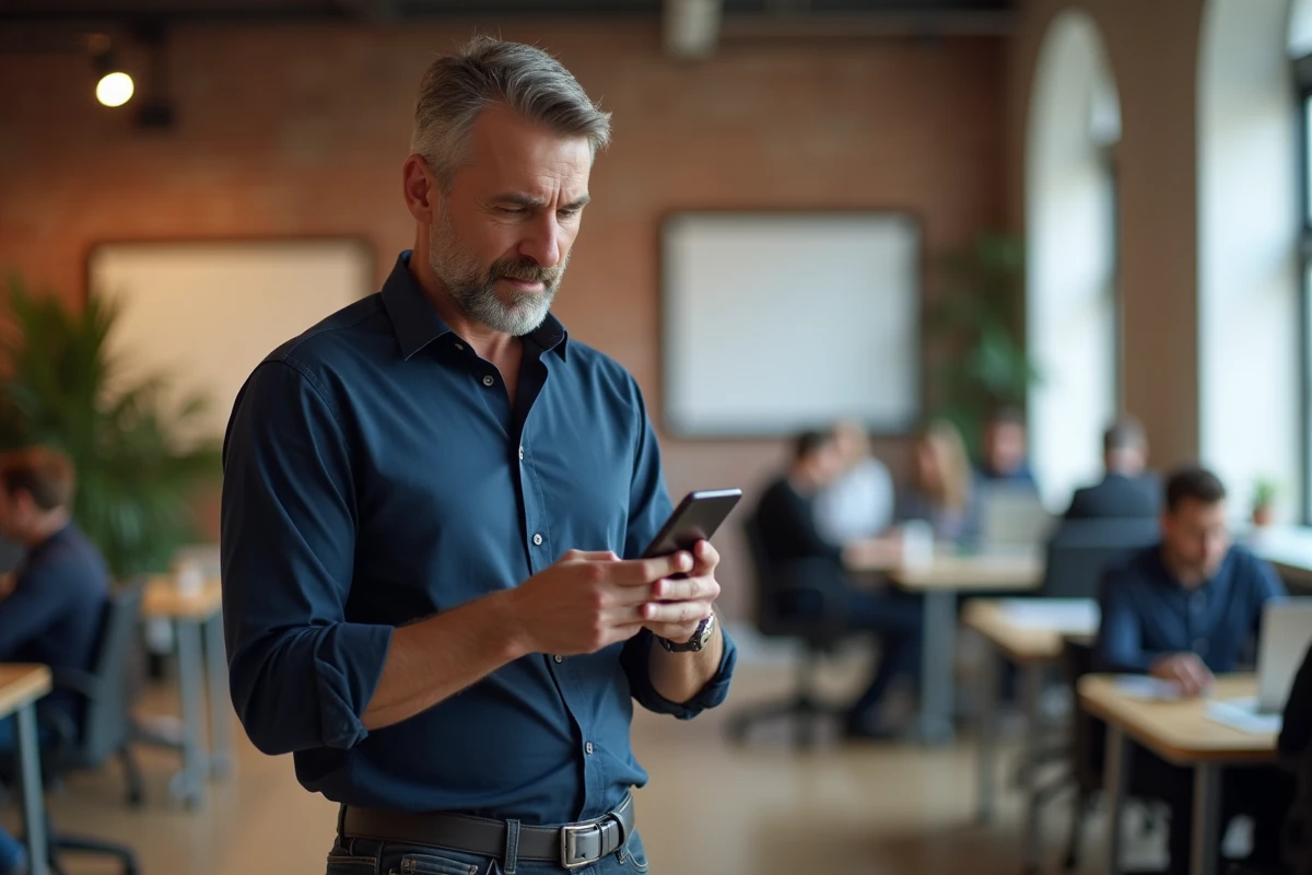 Homme consultant des avis en ligne sur smartphone dans un espace de coworking, pour évaluer la fiabilité d'une entreprise