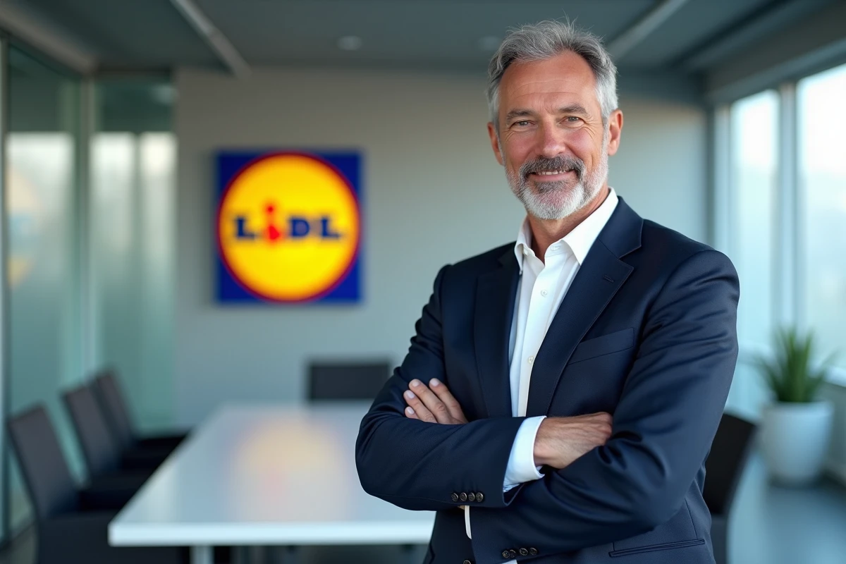 Expert en marketing analysant le logo Lidl lors d'une conférence professionnelle en salle de réunion moderne