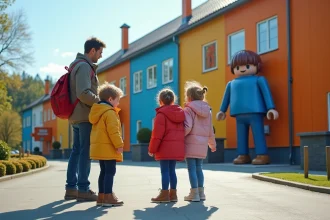 Famille devant l'usine Playmobil avec une grande figurine à l'entrée du site de visite