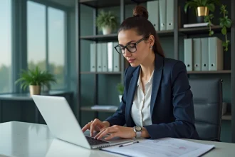 Femme d'affaires examine des documents d'audit fournisseur