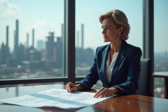Femme d'affaires en costume bleu examinant des plans futuristes