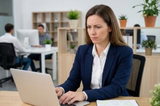 Femme d'affaires analysant un cahier des charges généré par intelligence artificielle, expression dubitative face à l'écran de son ordinateur portable dans un bureau moderne