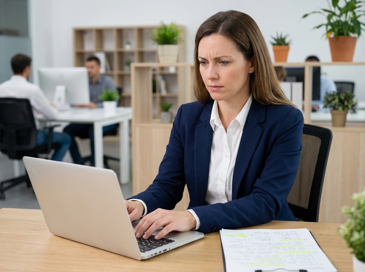 Femme d'affaires analysant un cahier des charges généré par intelligence artificielle, expression dubitative face à l'écran de son ordinateur portable dans un bureau moderne