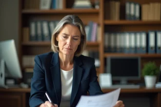 Femme d'affaires consultant des documents administratifs pour la radiation au répertoire Sirene lors de la fermeture d'une entreprise