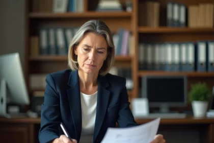 Femme d'affaires consultant des documents administratifs pour la radiation au répertoire Sirene lors de la fermeture d'une entreprise