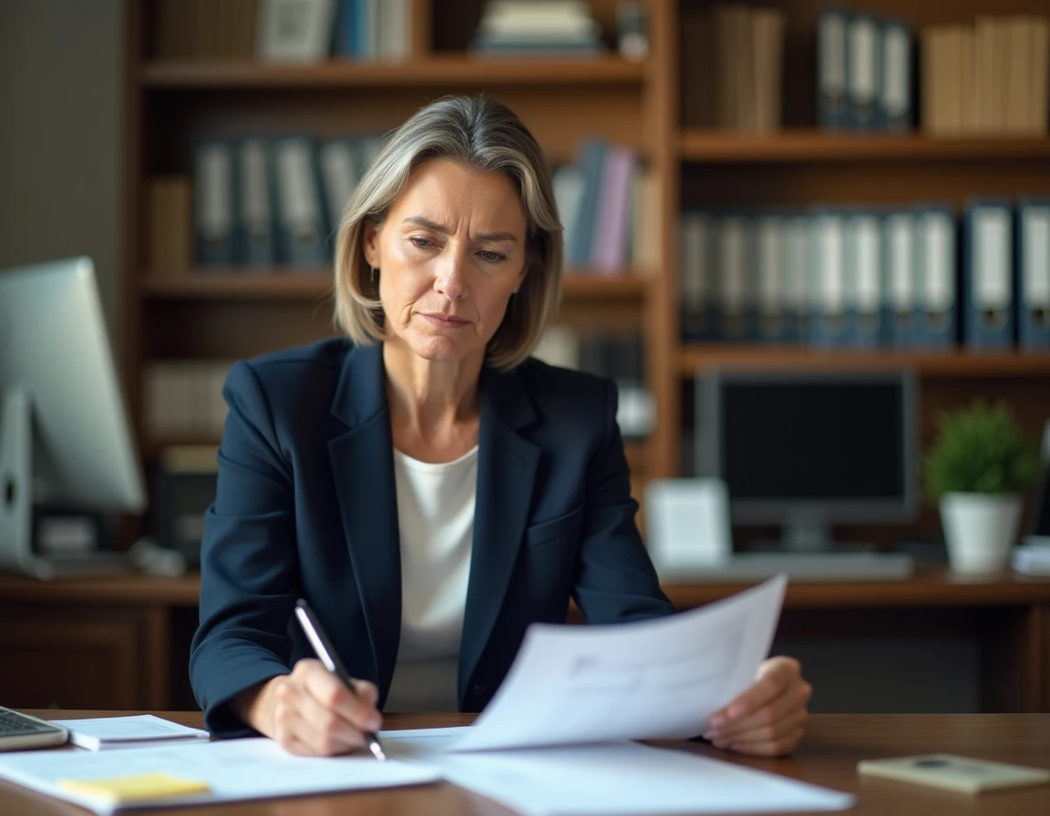 Femme d'affaires consultant des documents administratifs pour la radiation au répertoire Sirene lors de la fermeture d'une entreprise