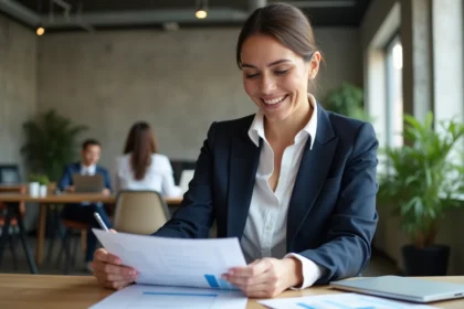 Femme d'affaires consultant un rapport de leads issus d'une mise en relation réseau professionnel dans un espace de coworking moderne