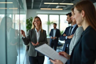 Jeune femme d'affaires en réunion dans un bureau moderne