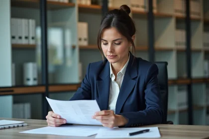 Femme d affaires en costume bleu dans un bureau moderne